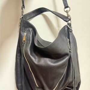 Black Leather Slouchy Shoulder Bag with Adjustable Strap